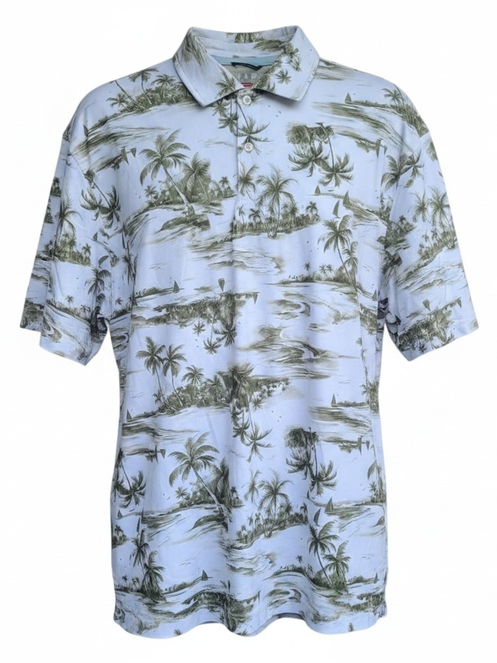 Chaps Mens Polo Shirt XXL Performance Tropical Palm Print White Green Golf